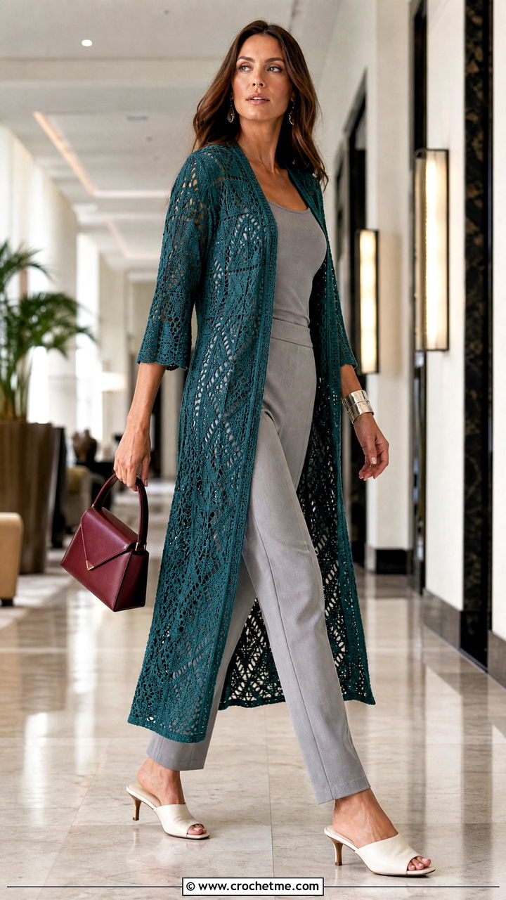 Long Crochet Lace Duster With Tank And Trousers - 35 crochet lace jacket outfit ideas