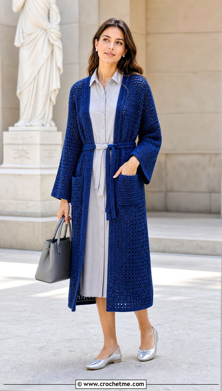 Long Crochet Pocket Wrap With Shirt Dress - 25 Easy Crochet Shawl With Pockets outfit ideas