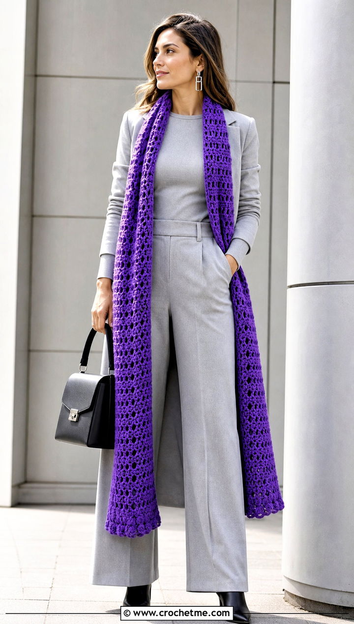 Long Crochet Scarf With Monochrome Outfit - 35 crochet neck scarf outfit ideas