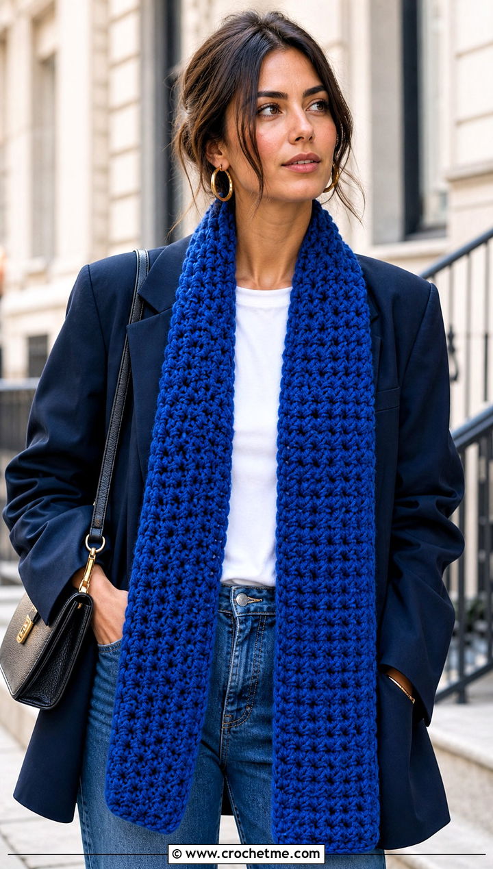 Long Crochet Star Stitch Scarf With Jeans And Blazer - 25 Crochet Star Stitch Scarf outfit ideas