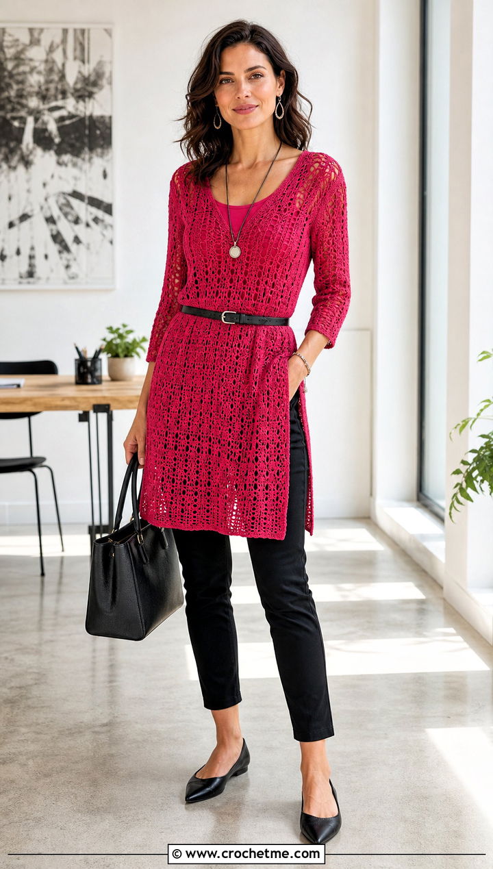 Long Crochet Tunic Top With Slim Pants - 25 vintage crochet tops outfit ideas