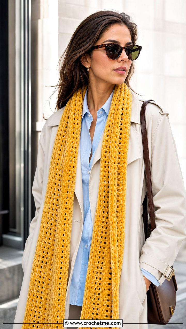 Long Crochet Velvet Scarf With Trench Coat - 25 Crochet Velvet Scarf outfit ideas