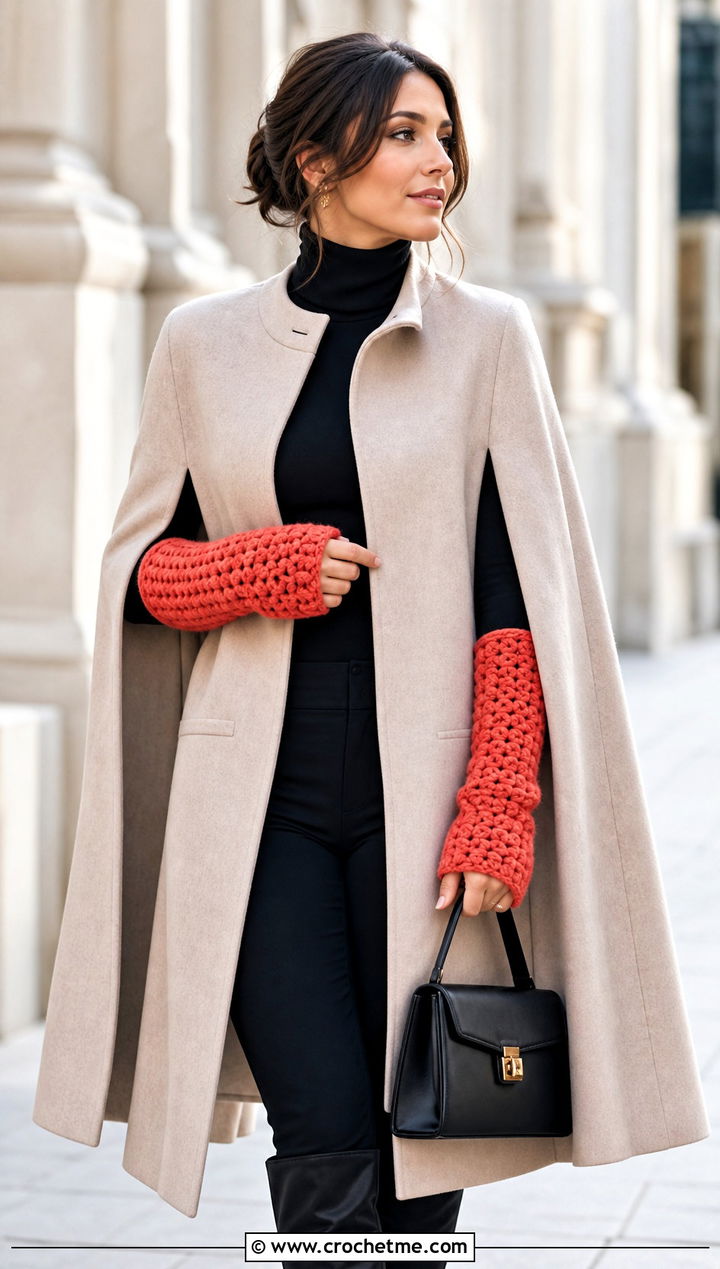 Long Cuff Chunky Crochet Fingerless Gloves With Cape Coat - 30 chunky yarn crochet fingerless gloves outfit ideas