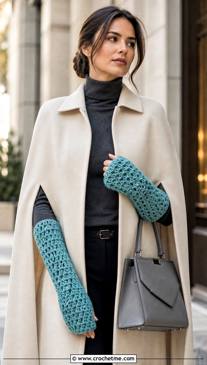 Long Cuff Crochet Chunky Mittens With Cape Coat - 30 crochet chunky mittens outfit ideas
