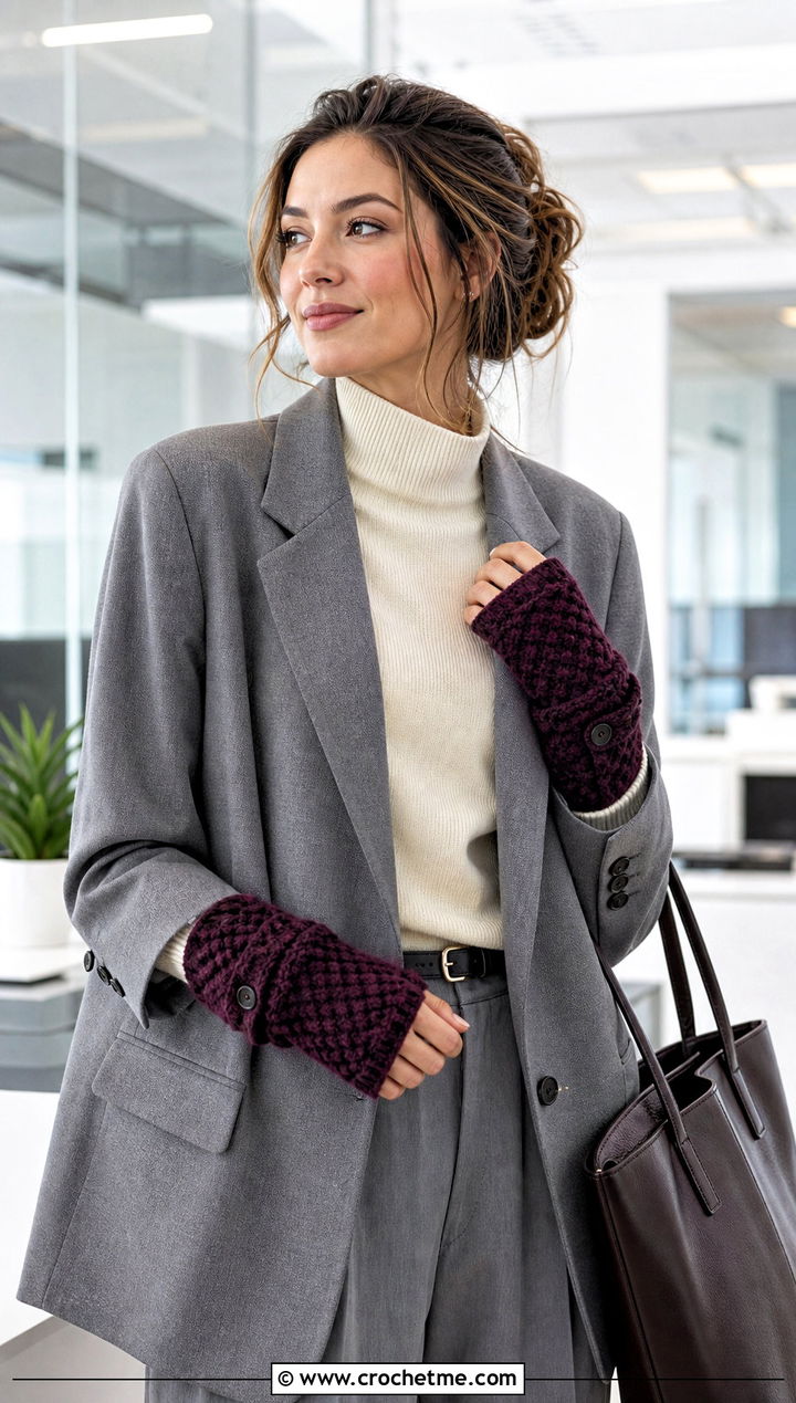 Long Cuff Crochet Fingerless Gloves With Flap And Blazer - 30 crochet fingerless gloves with flap outfit ideas