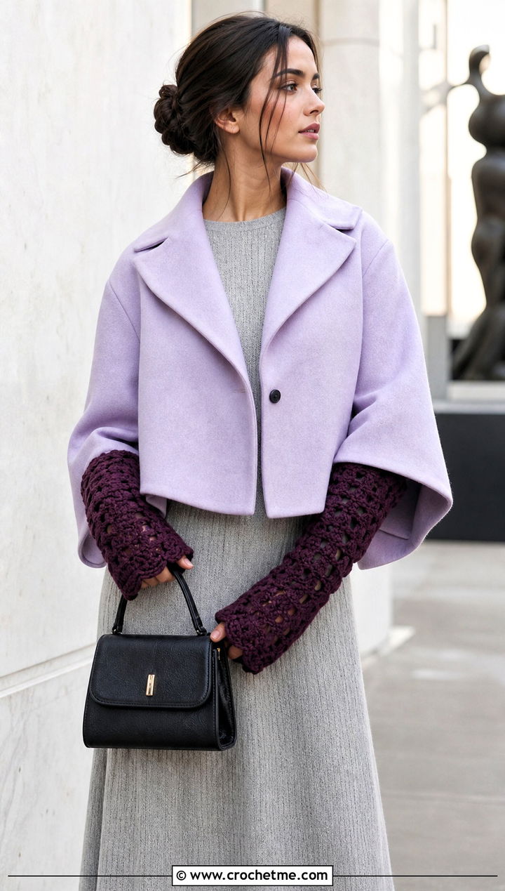 Long Cuff Crochet Gauntlet Mittens With Cropped Coat And Maxi Dress - 25 Easy Crocheted Mittens outfit ideas