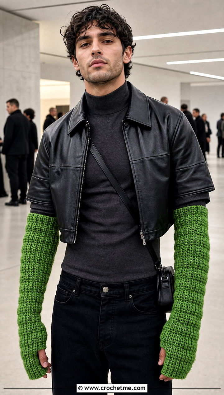 Long Cuff Crochet Gauntlets With Leather Jacket - 25 Crochet Mens Fingerless Gloves outfit ideas