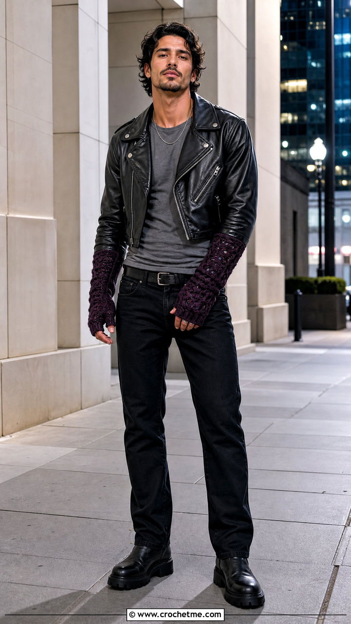 Long Cuff Crochet Gauntlets With Leather Jacket - 35 crochet gloves for men outfit ideas
