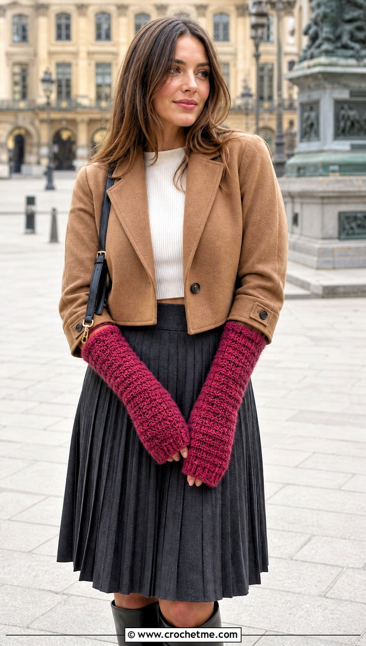 Long Cuff Crochet Mittens With Cropped Jacket and Midi Skirt - 25 Simple Crochet Mittens outfit ideas