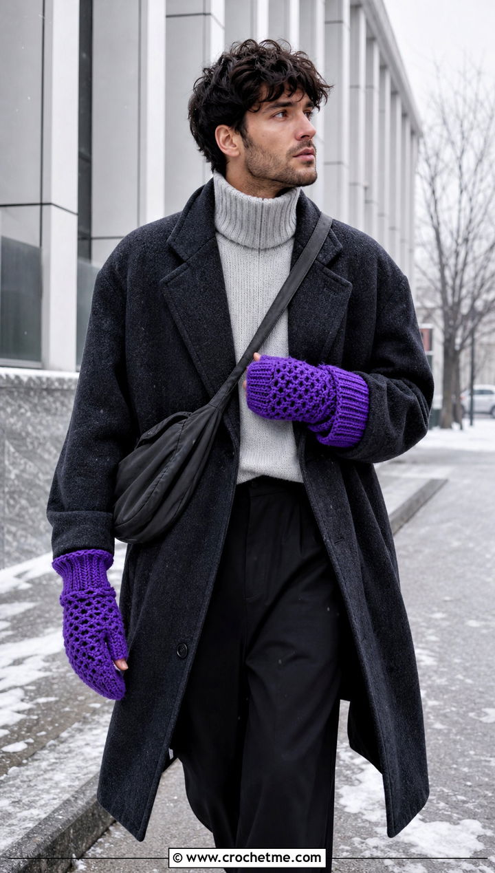 Long Cuff Crochet Mittens With Oversized Coat - 25 Crochet Mens Mittens outfit ideas