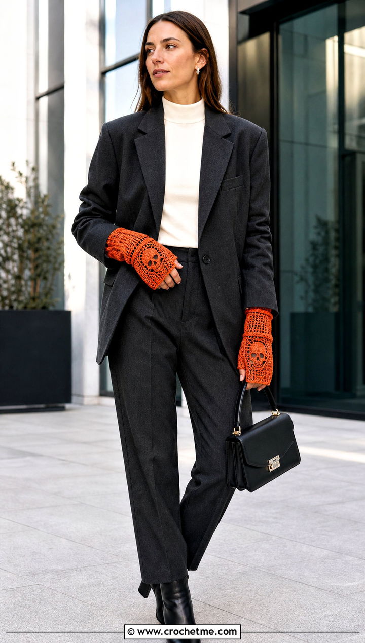 Long Cuff Crochet Skull Gloves With Tailored Blazer - 15 Crochet Skull Gloves outfit ideas
