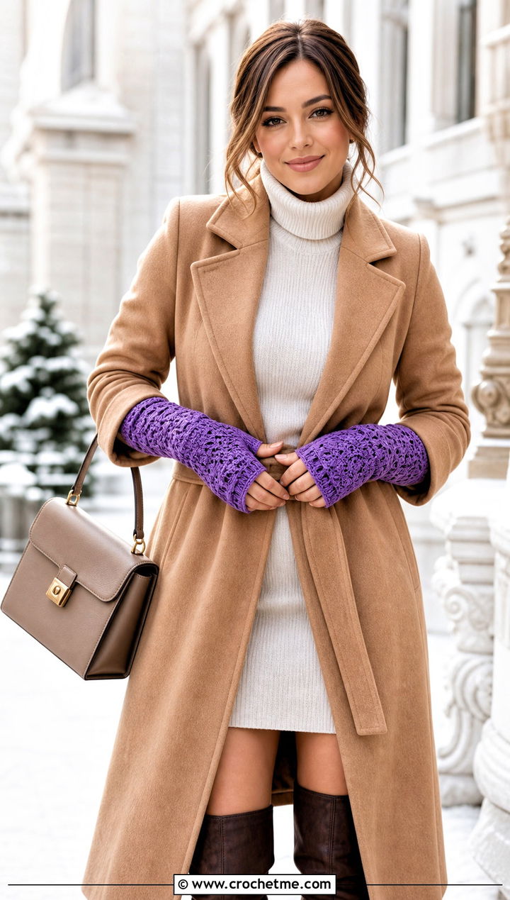 Long Cuff Crochet Texting Gloves With Wool Coat - 15 Crochet Texting Gloves outfit ideas