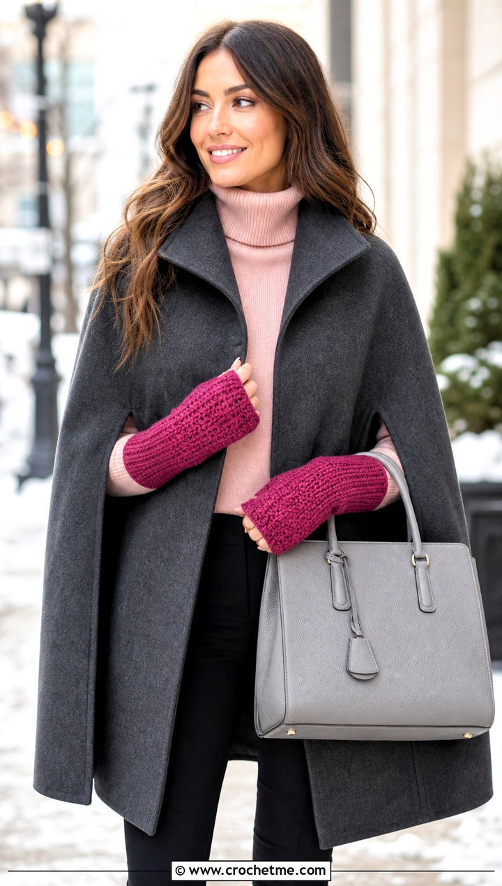 Long Cuff DK Yarn Crochet Fingerless Gloves With Cape Coat - 25 dk yarn crochet fingerless gloves outfit ideas