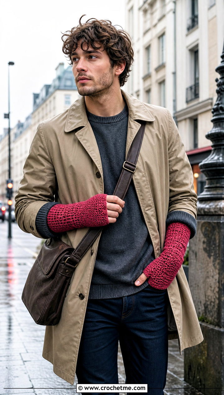 Long Cuff Fingerless Crochet Gloves With Trench Coat - 25 men's crochet gloves outfit ideas