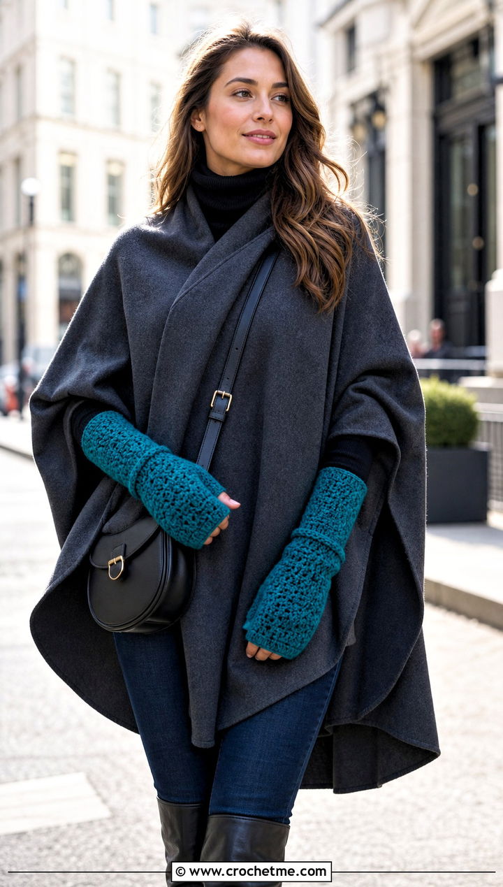 Long Cuff Gauntlet Crocheted Mittens With Poncho - 30 Crocheted Mittens outfit ideas