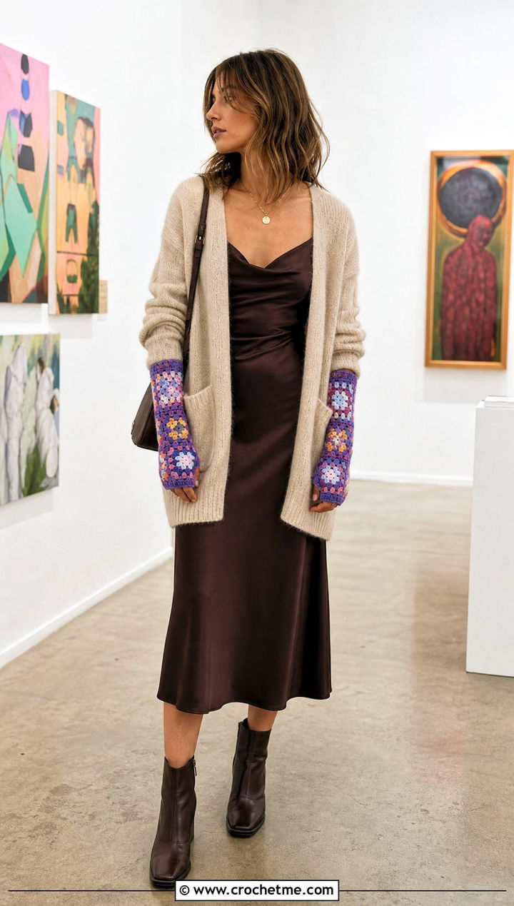 Long Cuff Granny Square Fingerless Gloves With Slip Dress And Cardigan - 35 granny square fingerless gloves outfit ideas