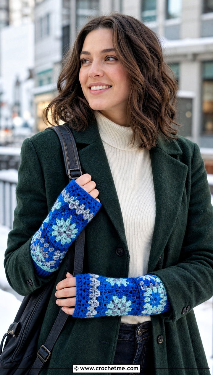 Long Cuff Granny Square Fingerless Gloves With Wool Coat - 30 crochet granny square fingerless gloves outfit ideas