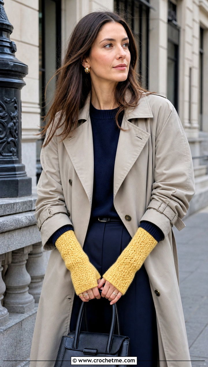 Long Cuff Moss Stitch Fingerless Gloves With Trench Coat - 15 Crochet Moss Stitch Fingerless Gloves outfit ideas