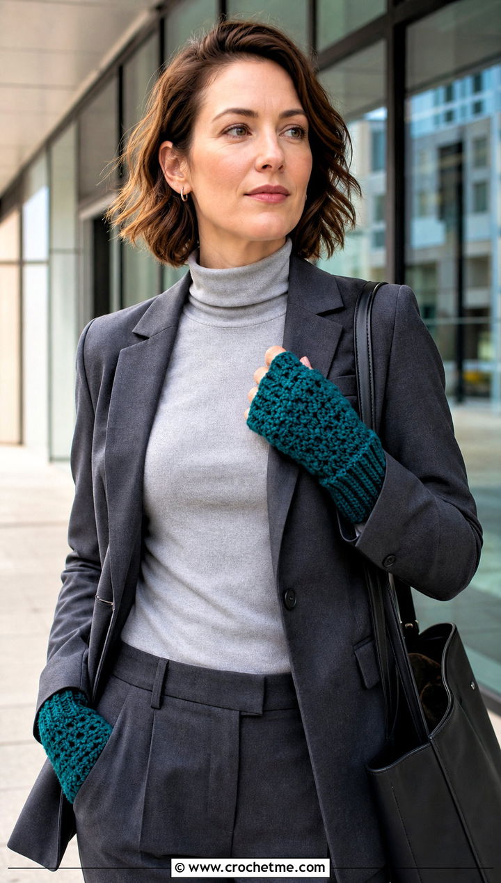 Long Cuff Puff Stitch Fingerless Gloves With Blazer - 15 Crochet Puff Stitch Fingerless Gloves outfit ideas