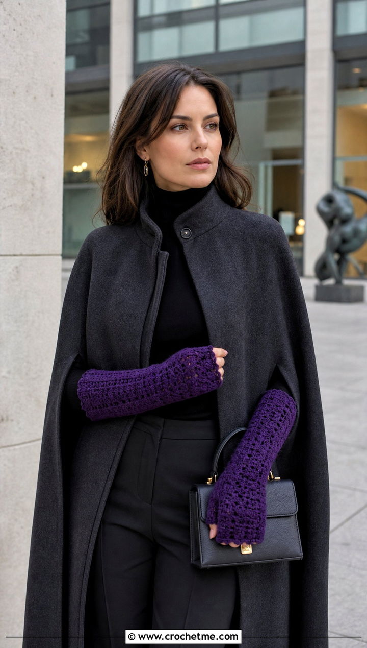 Long Cuff Velvet Crochet Mittens With Cape Coat - 20 velvet crochet mittens outfit ideas