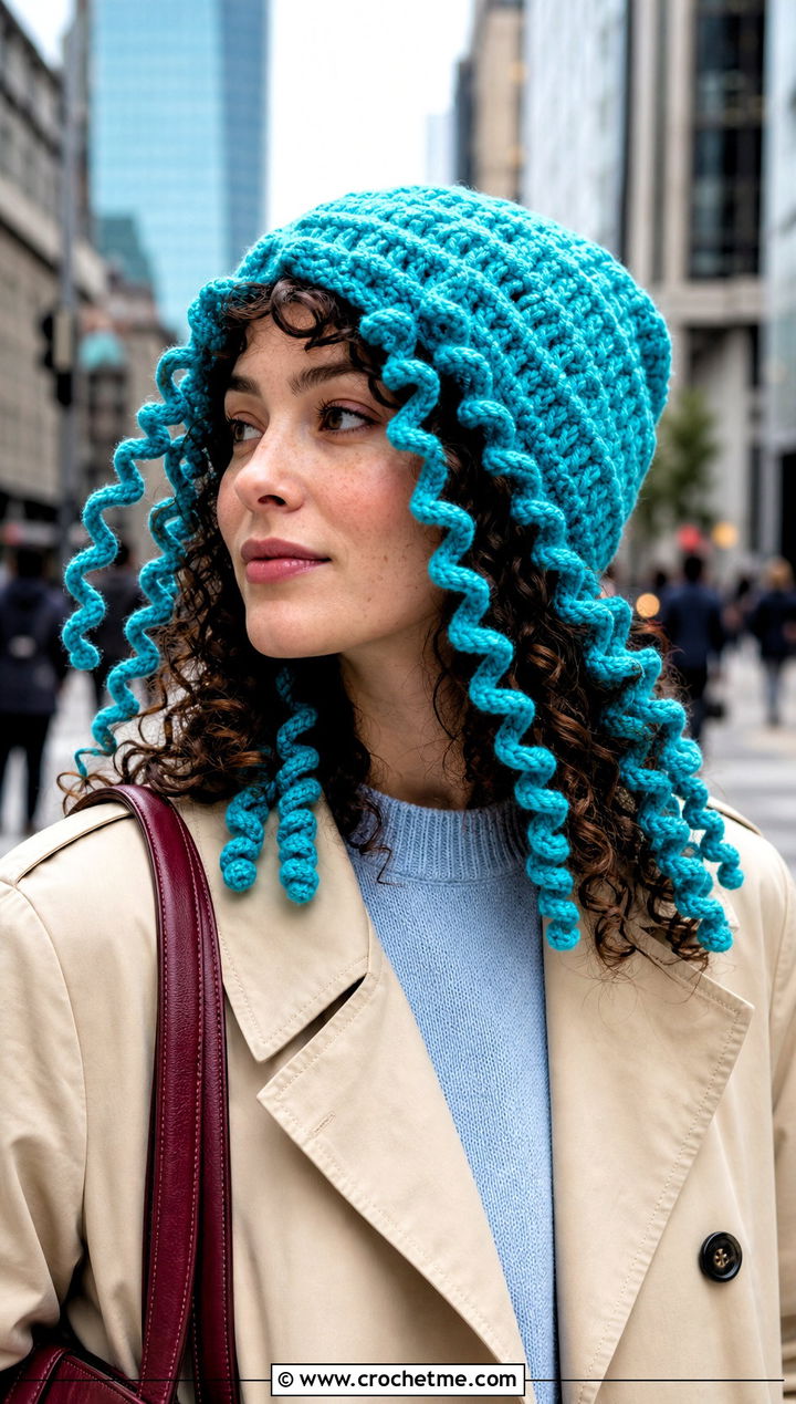 Long Curl Curly Cue Hat With Trench Coat - 25 Crochet Curly Cue Hat outfit ideas