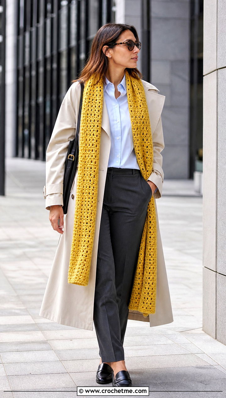 Long Double Crochet Scarf With Trench Coat And Trousers - 35 double crochet scarf outfit ideas