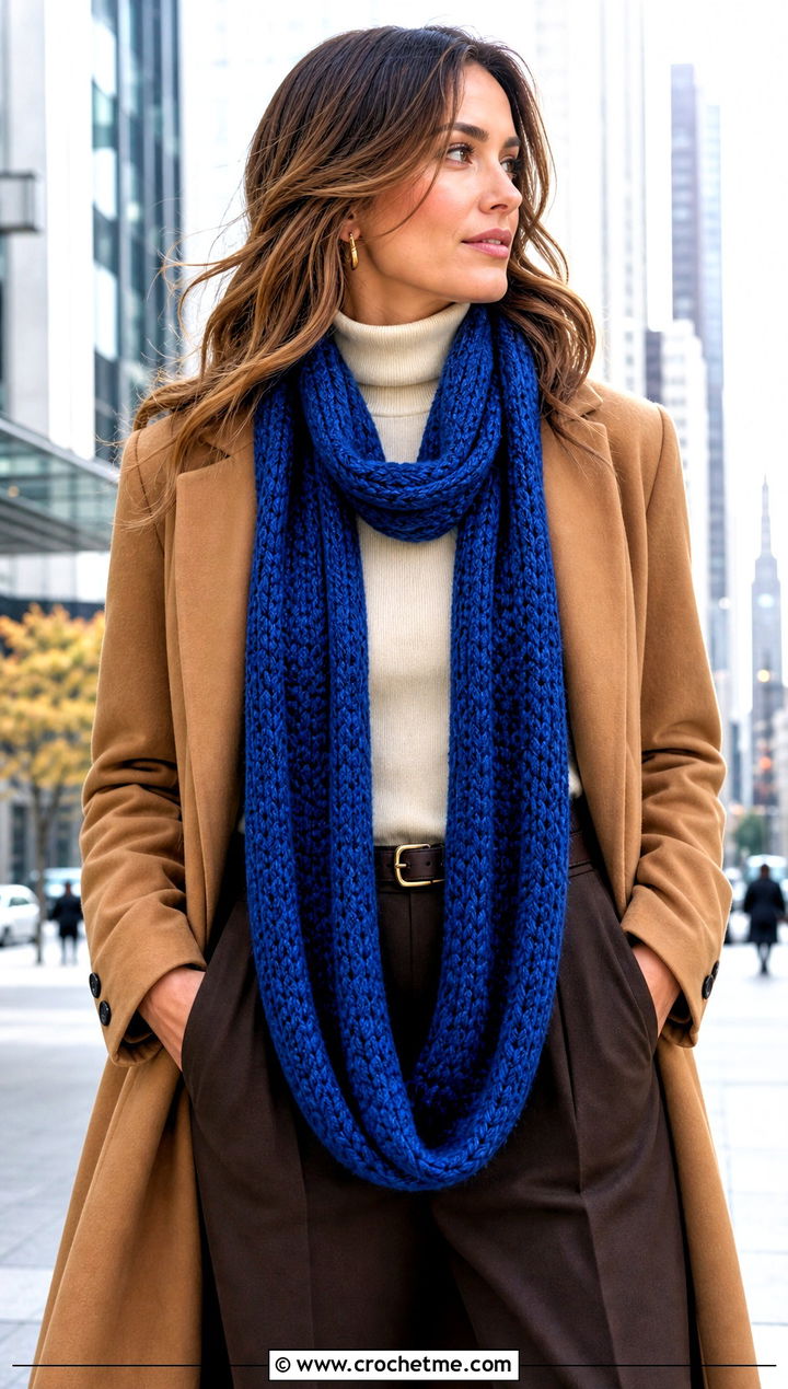 Long Double Loop Crochet Infinity Scarf With Turtleneck - 30 crochet infinity scarves outfit ideas