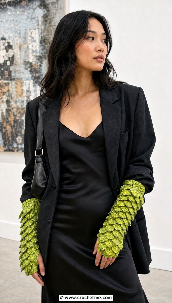 Long Dragon Scale Crochet Gauntlets With Slip Dress - 30 dragon scale crochet gloves outfit ideas