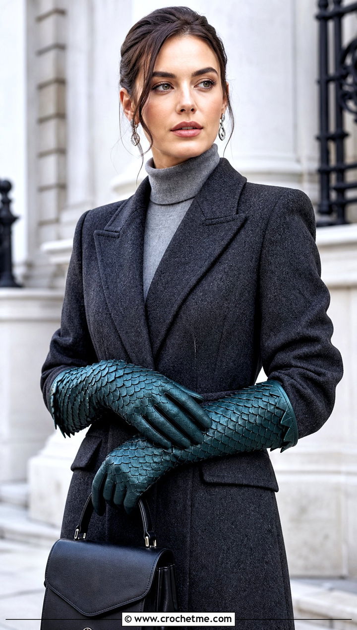 Long Dragonscale Gauntlet Gloves With Tailored Coat - 15 Dragonscale Crochet Gloves outfit ideas