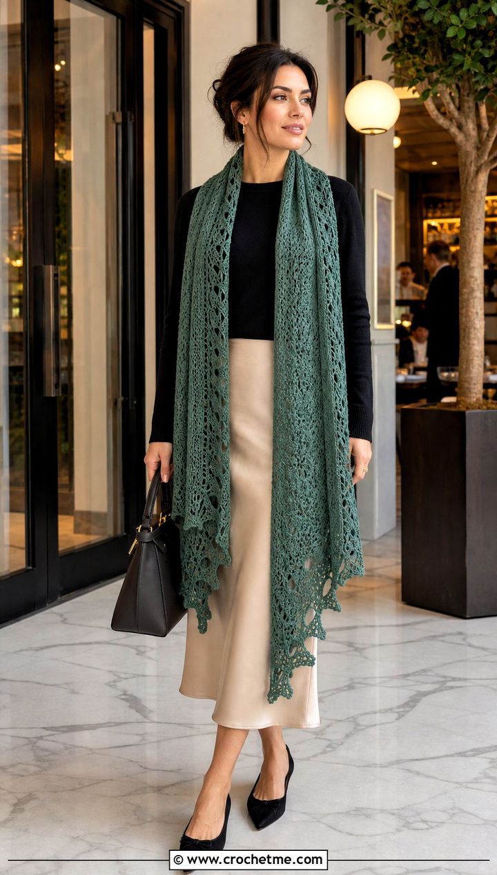 Long Drape Fall River Crochet Shawl With a Satin Midi Skirt - 25 Fall River Crochet Shawl outfit ideas