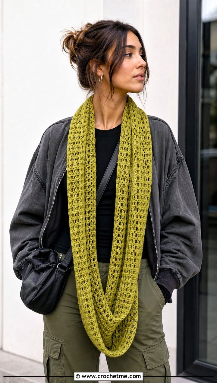 Long Draped Bellflower Infinity Crochet Scarf With Cargo Pants - 15 bellflower infinity crochet scarf outfit ideas