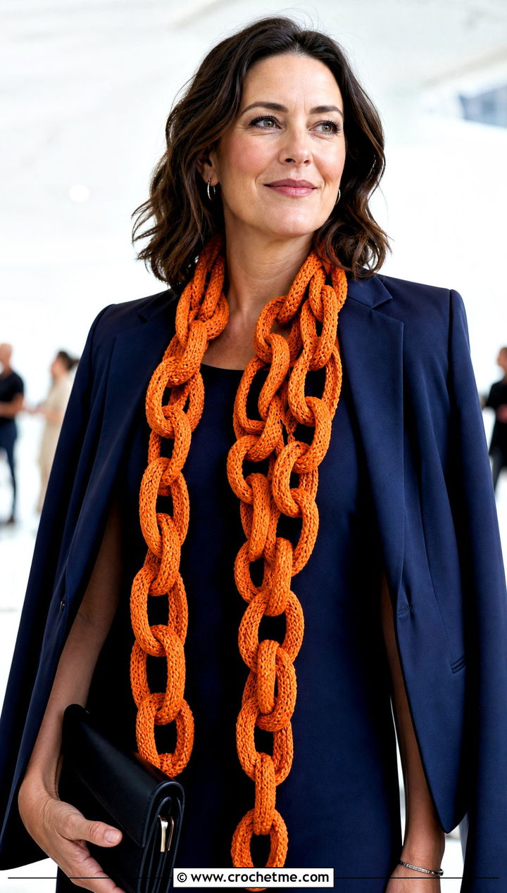 Long Draped Chain Link Scarf With Column Dress - 25 Crochet Chain Link Scarf outfit ideas