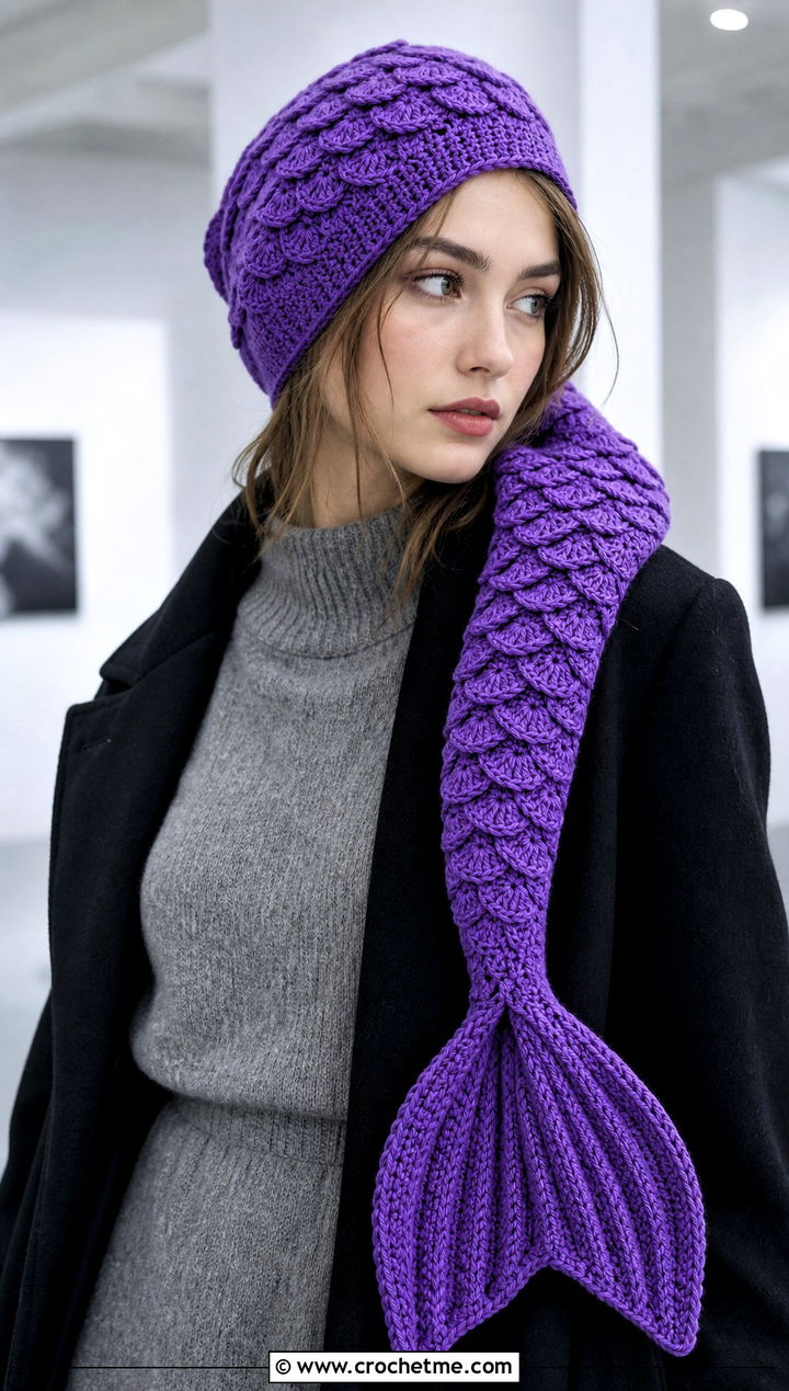 Long Fin Mermaid Tail Crochet Hat With Sweater Dress - 15 Mermaid Tail Crochet Hat outfit ideas