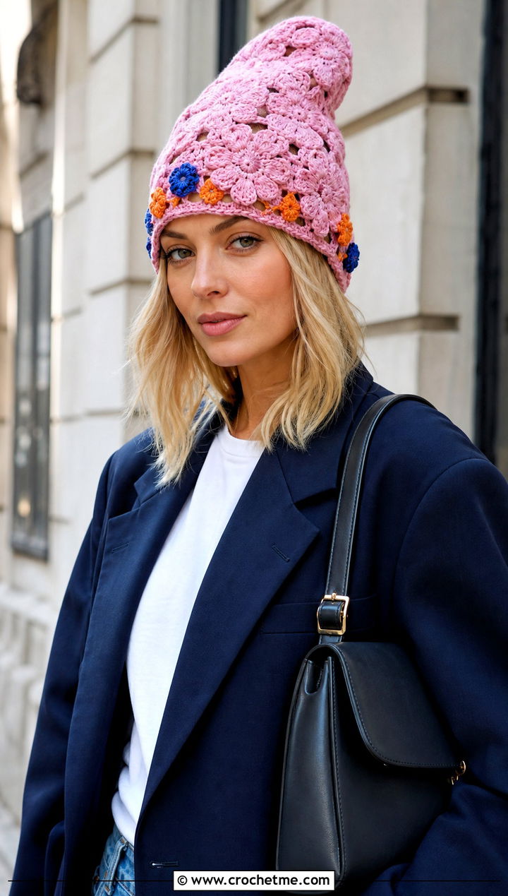 Long Floral Applique Crochet Hat With Blazer And Jeans - 25 Long Crochet Hat outfit ideas