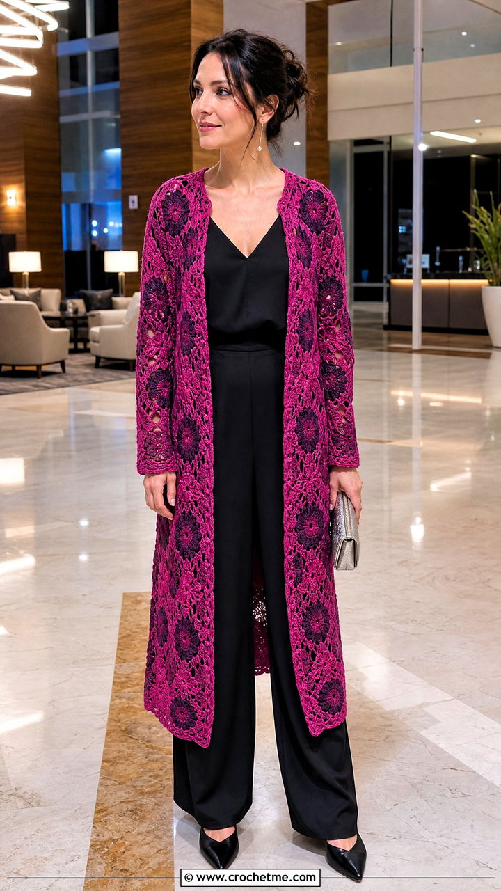 Long Floral Granny Cardigan With Slip Jumpsuit - 35 crochet granny cardigan outfit ideas