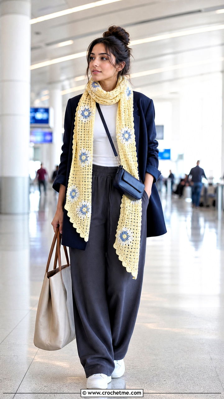 Long Floral Motif Crochet Scarf With Airport Outfit - 35 crochet flower scarf outfit ideas