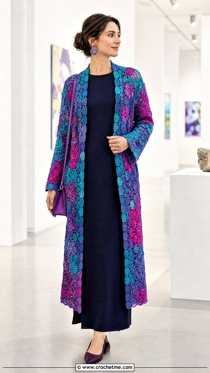 Long Floral Patchwork Cardigan With Column Dress - 35 crochet patchwork cardigan outfit ideas