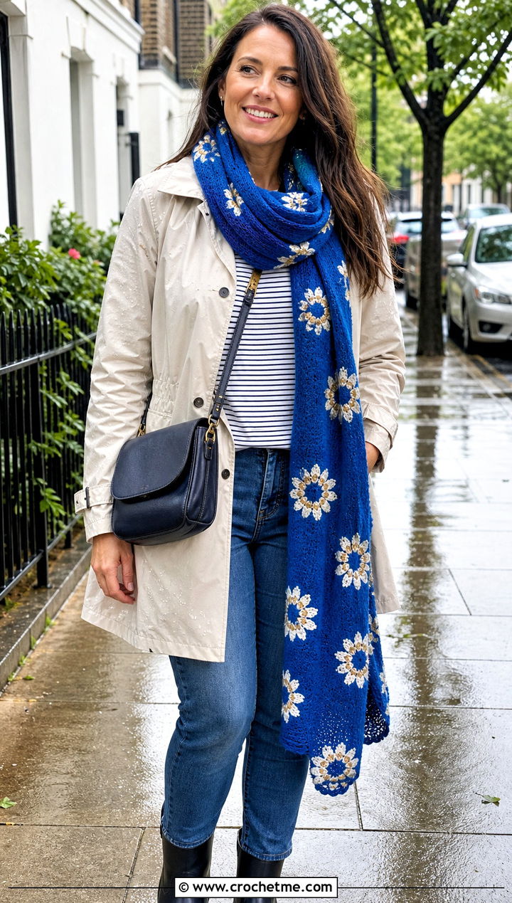 Long Flower Motif Scarf With Raincoat - 30 crochet scarf with flowers outfit ideas