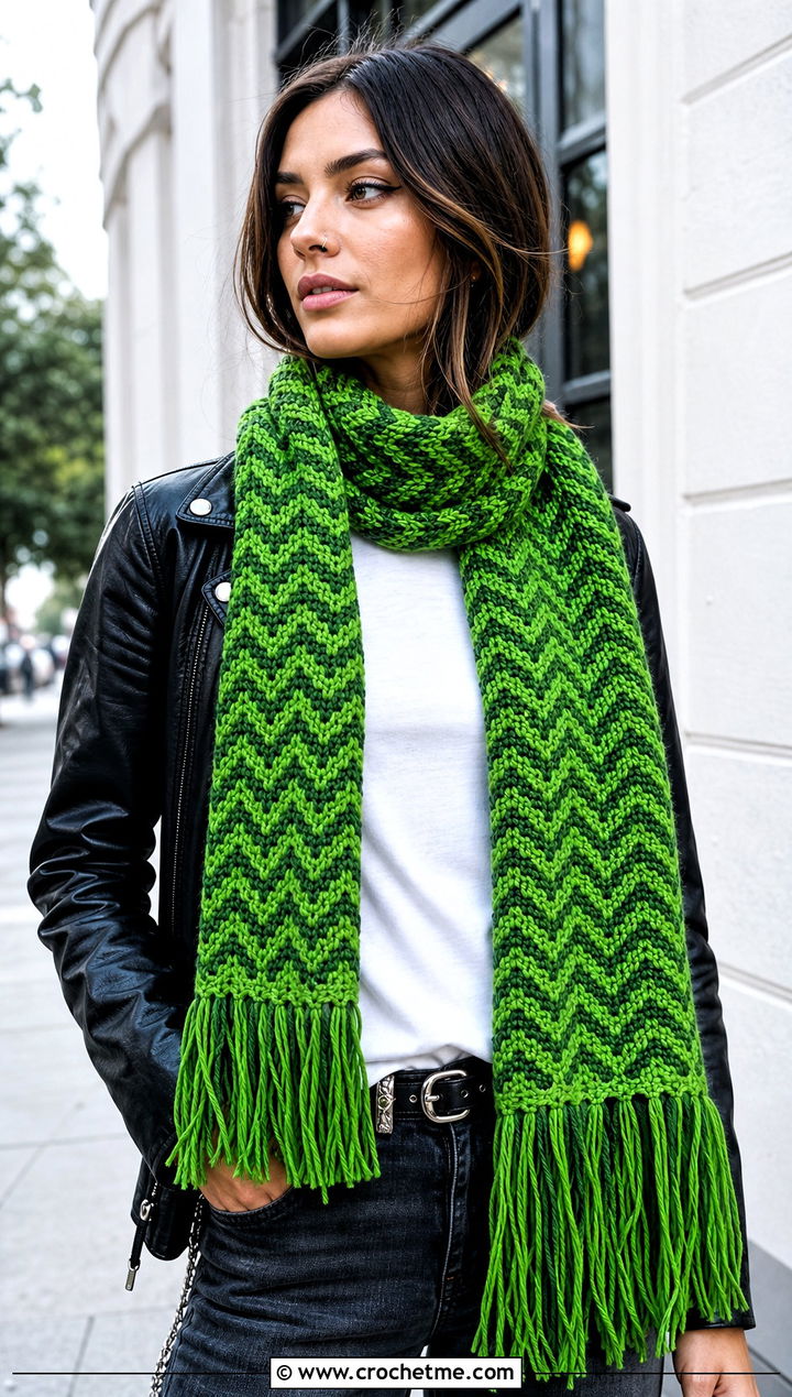 Long Fringe Chevron Crochet Scarf With Leather Jacket - 25 Zig Zag Crochet Scarf outfit ideas