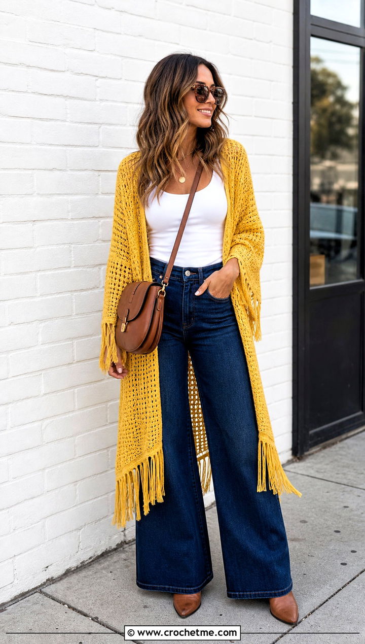 Long Fringe Crochet Kimono With Tank And Wide Leg Jeans - 30 Boho Crochet Kimono outfit ideas