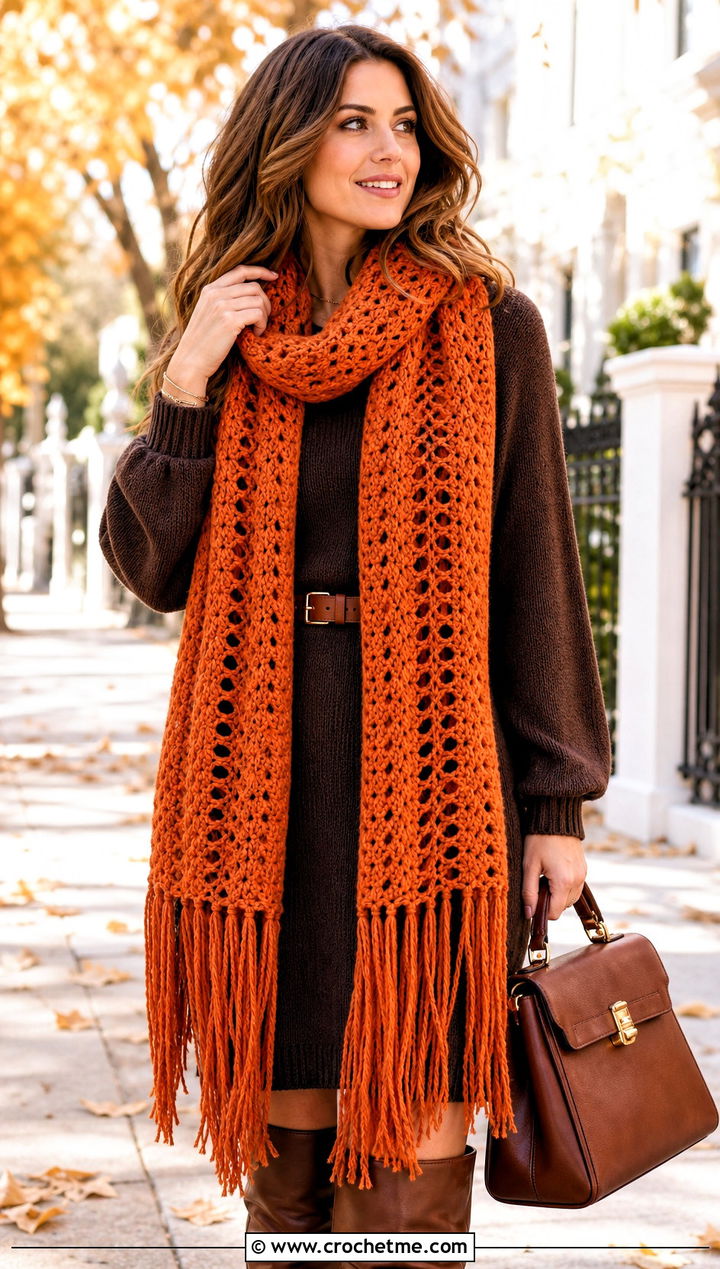 Long Fringe Crochet Scarf With Sweater Dress And Boots - 25 super crochet scarf outfit ideas