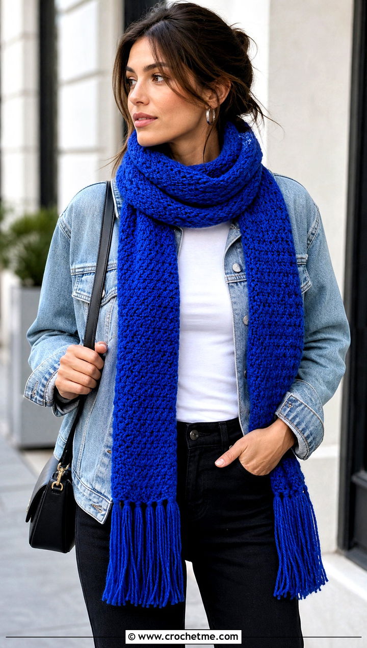 Long Fringe Lemon Peel Stitch Scarf With Denim Jacket - 20 Crochet Lemon Peel Stitch Scarf outfit ideas