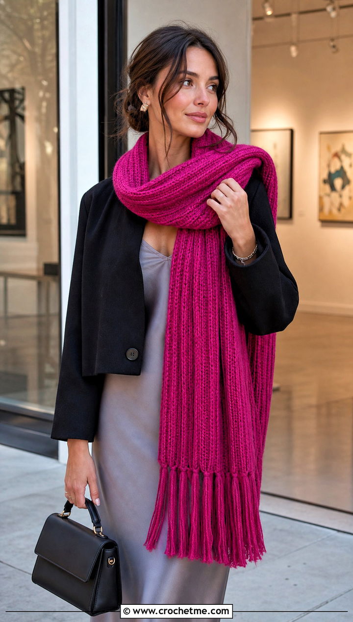Long Fringed Brioche Crochet Scarf With Slip Dress - 25 Brioche Crochet Scarf outfit ideas