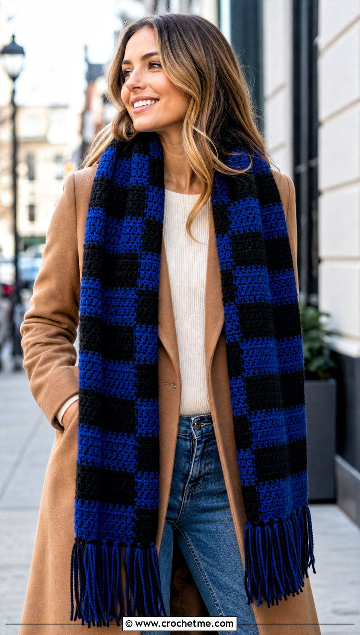 Long Fringed Buffalo Plaid Crochet Scarf With Straight Jeans - 15 buffalo plaid crochet scarf outfit ideas