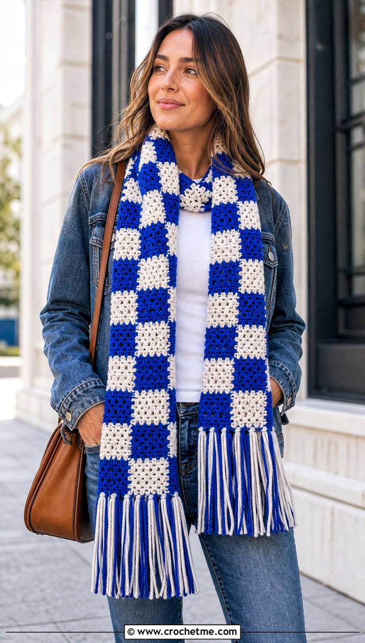 Long Fringed Checkered Crochet Scarf With Denim Jacket and Jeans - 20 Checkered Crochet Scarf outfit ideas