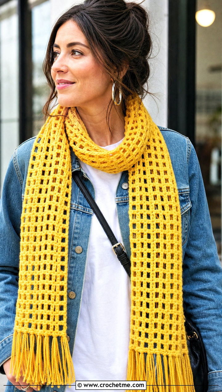 Long Fringed Crochet Windowpane Scarf With Denim Jacket - 15 crochet windowpane scarf outfit ideas