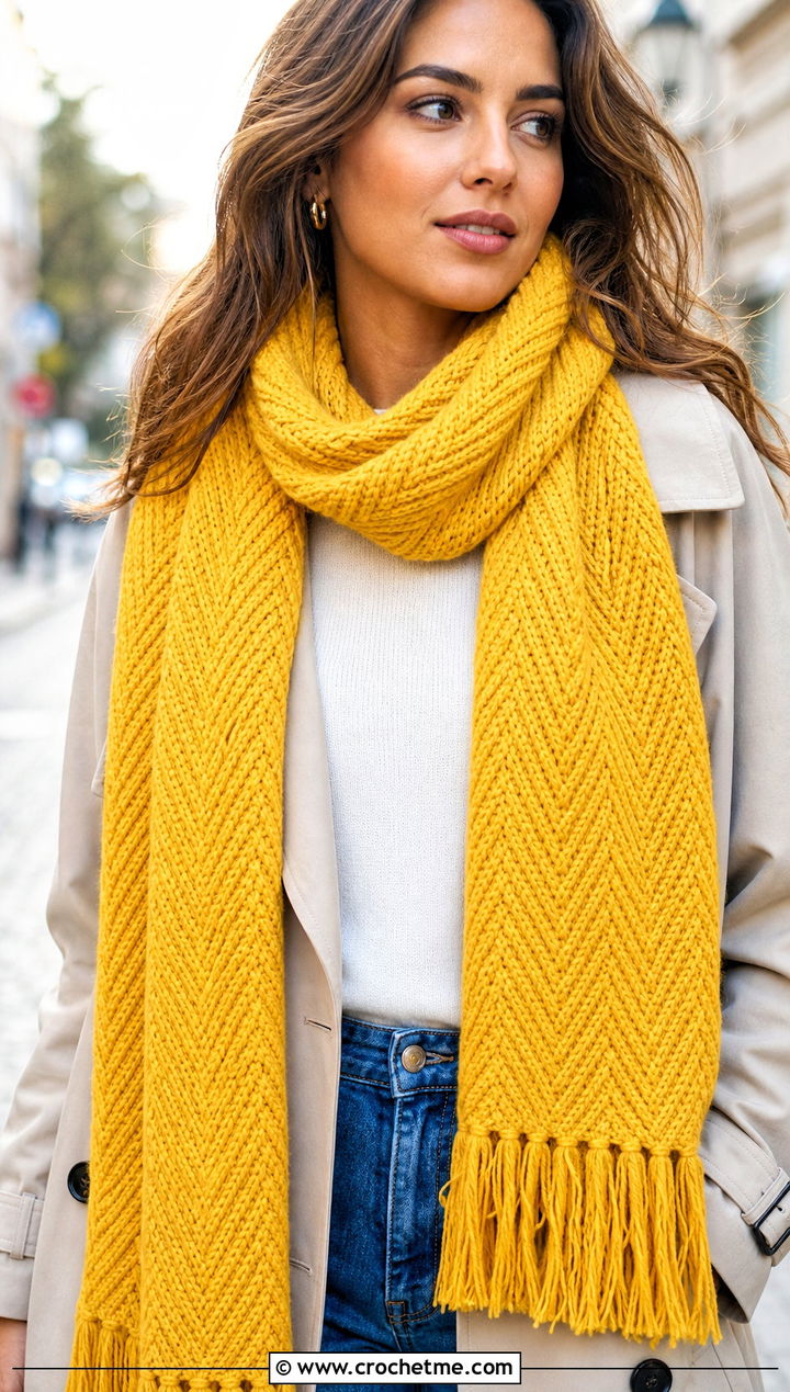 Long Fringed Herringbone Crochet Scarf With Trench Coat - 15 Herringbone Crochet Scarf outfit ideas