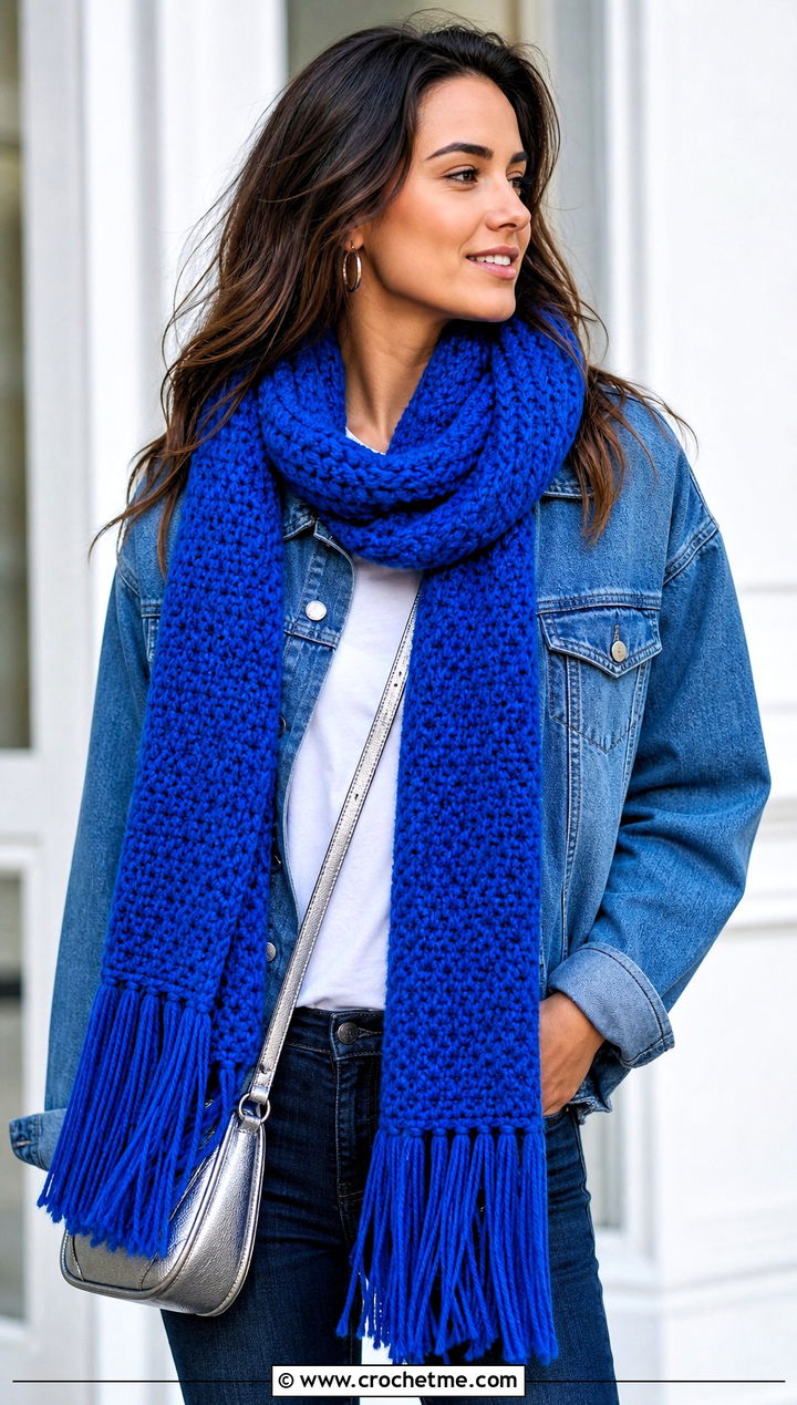 Long Fringed Moss Stitch Crochet Scarf With Denim Jacket - 25 Moss Stitch Crochet Scarf outfit ideas