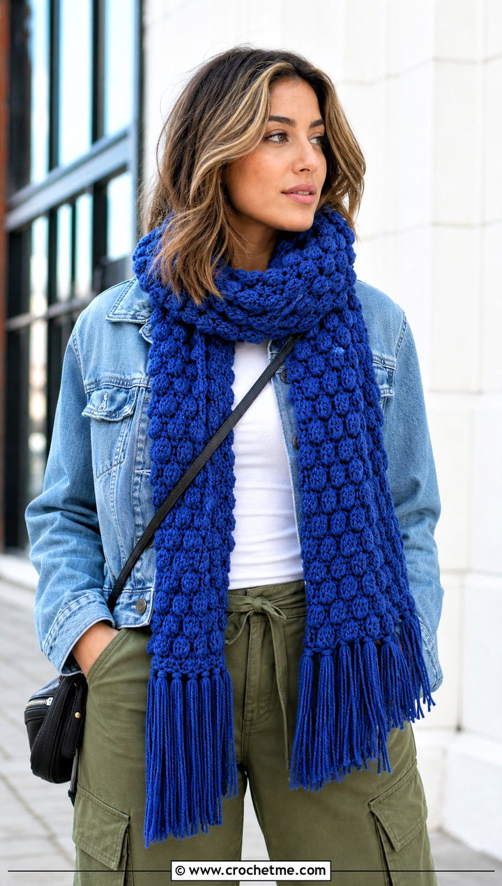 Long Fringed Puff Stitch Scarf With Denim Jacket - 15 Playful Puffs Crochet Scarf outfit ideas