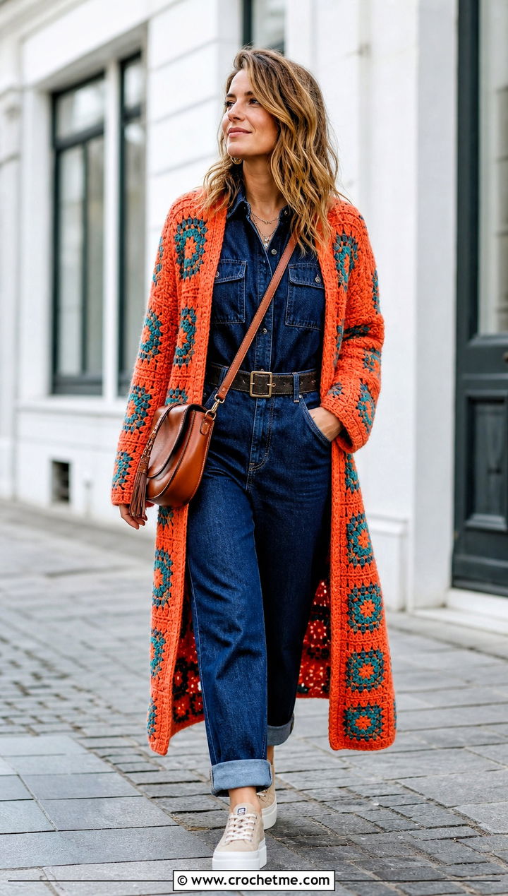 Long Granny Square Cardigan With A Denim Jumpsuit - 20 boho granny square cardigan outfit ideas
